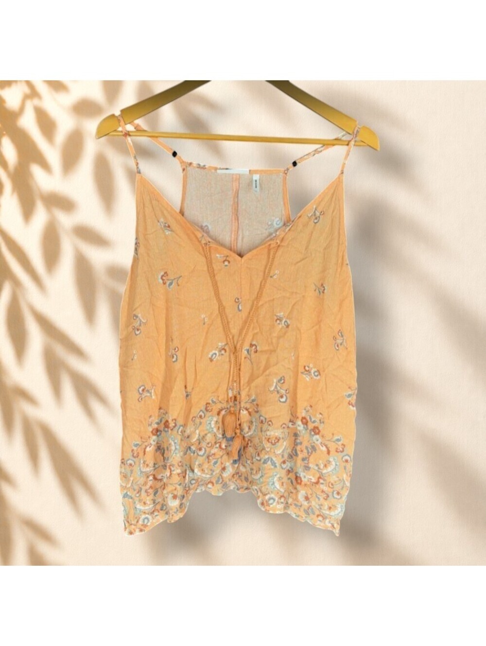 LUQ Top Women L Large Beige Floral V-Neck Tasseled Sleeveless Spaghetti Strap